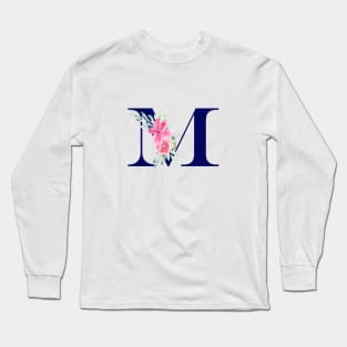 Watercolor Floral Letter M in Navy Long Sleeve T-Shirt